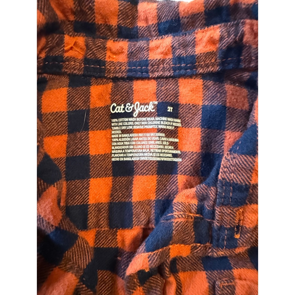Cat & Jack Toddler Boys Orange Navy Blue Buffalo Plaid Flannel Shirt 2T Cotton - Picture 2 of 3